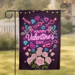 Valentine's Day Glowing Neon Cupid Angels Hearts Roses Brick Wall - Romantic Decor Gift Garden Flag