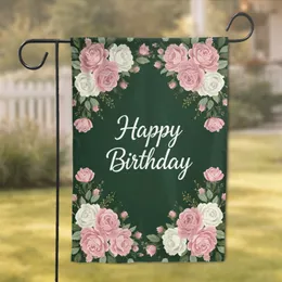Happy Birthday Rose Garden Forest Green Floral - Birthday Celebration Home Decor Gift Garden Flag