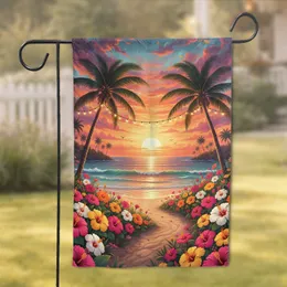 Tropical Sunset Beach Path Hibiscus Palm Trees Fairy Lights - Home Decor Gift Garden Flag
