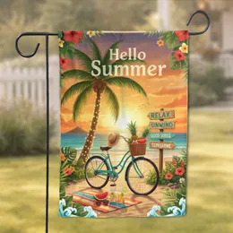 Hello Summer Tropical Beach Bicycle Golden Hour - Home Decor Gift Garden Flag