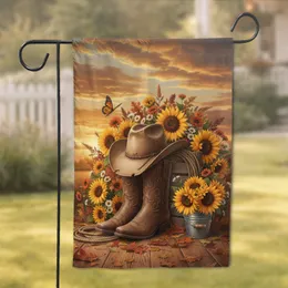 Weathered Cowboy Hat Boots Sunflowers Autumn Sunset - Farmhouse Decor for Cowboy Lover Garden Flag