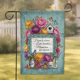 Rustic Home Sign Floral Butterflies Birdhouse - Farmhouse Decor Gift Garden Flag