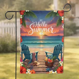 "Hello Summer" Adirondack Beach Chairs Sunset - Summer Home Decor Gift for Beach Lover Garden Flag
