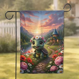 Baby Turtle Flower Crown Storybook Cottage - Whimsical Home Decor Gift Garden Flag