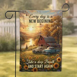 Rustic Red Barn Vintage American Cars Wildflowers Golden Sunset - Farmhouse Decor Garden Flag