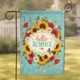 Hello Summer Cartouche Sunflowers Poppies Butterflies - Summer Decor Gift for Garden Lover Garden Flag
