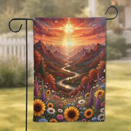 Bright Golden Cross Sunset Mountain Wildflowers - Faithful Home Decor Gift Garden Flag