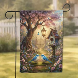 Fluffy Blue Birds Birdhouse Enchanted Garden - Home Decor Gift for Bird Lovers Garden Flag