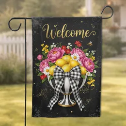 Welcome Gold Script Lemons Buffalo Check Bow - Everyday Home Decor Garden Flag