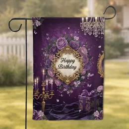 Happy Birthday Gold Baroque Cartouche Purple Rose Peony - Birthday Celebration Gift Garden Flag