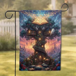 Fantasy Treehouse Bookshelf Glowing Books - Home Decor Gift for Book Lover Garden Flag