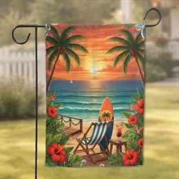 Tropical Beach Chair Surfboard Ocean Sunset Home Decor Gift for Beach Lover Garden Flag
