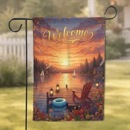 Welcome Lakeside Sunset Adirondack Chairs - Home Decor Gift for Homeowners Garden Flag