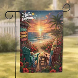 Hello Summer Adirondack Chairs Coastal Beach Sunset - Summer Holiday Decor Garden Flag