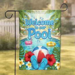 Welcome to our Pool Sign Beach Ball Flip Flops Tropical Flowers - Summer Party Decor Garden Flag
