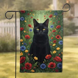 Black Cat Red Poppies Blue Cornflowers Wildflower Meadow - Cat Lover Home Decor Gift Garden Flag