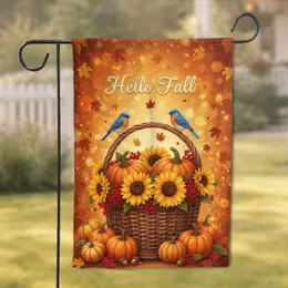"Hello Fall" Pumpkins Sunflowers Bluebirds Harvest Basket - Autumn Home Decor Gift Garden Flag