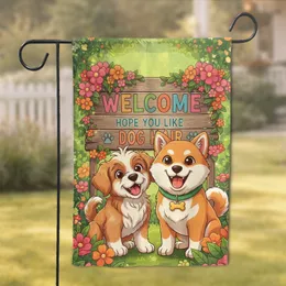 Joyful Cartoon Dogs Welcome Sign Floral Garden - Home Decor Gift for Dog Lover Garden Flag