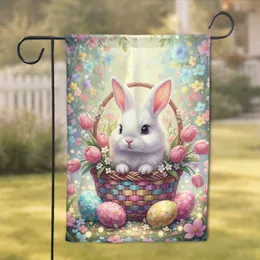 Fluffy Baby Bunny Easter Basket Pink Tulips Eggs - Spring Easter Decor Garden Flag