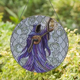 Cloaked Figure Lute Lantern Swirling Leaves - Fantasy Home Decor Gift for Art Lovers Stained Glass Suncatcher