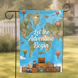 Let the Adventure Begin World Map Hot Air Balloons Biplanes - Adventure Travel Gift Garden Flag