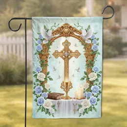 Ornate Golden Cross Chalice Bible Doves Altar Roses - Faith Home Decor Gift Garden Flag