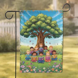 Cheerful Children Reading Wildflower Tree Meadow - Home Decor Gift for Book Lovers Garden Flag