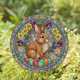 Bunny Rabbit Spring Flowers Easter Eggs Stained Glass - Easter Home Decor Gift Stained Glass Suncatcher