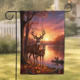 Majestic Buck Doe Forest Lake Sunset - Autumn Wildlife Lover Gift Garden Flag