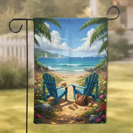 Blue Adirondack Chairs Tropical Beach Scene - Beach Lifestyle Home Decor Gift Garden Flag