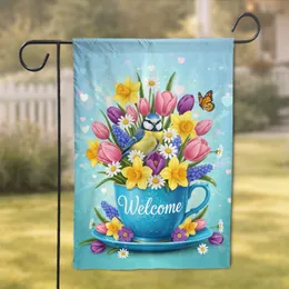 Welcome" Teacup Spring Flowers Blue Tit Bird - Garden Home Decor Gift Garden Flag
