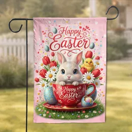 Happy Easter Baby Bunny Teacup Chick Easter Eggs Daisies - Spring Celebration Gift Garden Flag