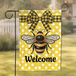 Welcome Black Striped Bumblebee Plaid Ribbon Bow Polka Dot Background - Home Decor Gift Garden Flag