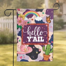 Hello Y'all Glitter Cowhide Cowboy Hat Cactus - Home Decor Gift Garden Flag