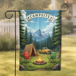 Campfire Camping Scene Mountain Trees - Outdoor Lover Home Decor Gift Garden Flag