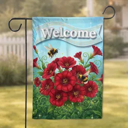 Welcome Banner Red Flowers Bumblebees Lush Green Garden - Everyday Home Decor Gift Garden Flag