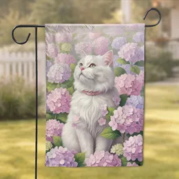 White Persian Cat Hydrangea Blossom - Home Decor Gift for Cat Lover Garden Flag