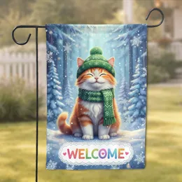 Orange White Cat Beanie Scarf Welcome Snowflakes Winter Forest - Holiday Decor Cat Lover Gift Garden Flag