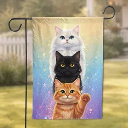 Three Expressive White Black Orange Stacked Cats Cosmic Stars - Home Decor Gift for Cat Lovers Garden Flag