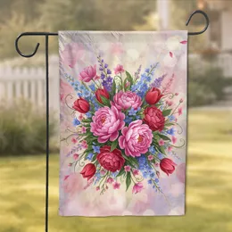 Vibrant Pink Peony Red Tulip Wildflower Bouquet Green Foliage - Home Decor Gift Garden Flag