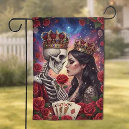 King Queen Skeletons Red Roses Playing Cards Cosmic Nebula - Gothic Romance Decor Garden Flag