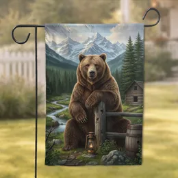 Grizzly Bear Fence Post Cabin Stream - Wildlife Nature Home Decor Gift for Bear Lovers Garden Flag
