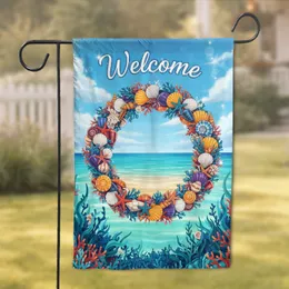 Seashell Starfish Wreath Tropical Beach Welcome - Tropical Home Decor Gift Garden Flag