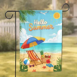 Hello Summer Beach Chair Umbrella Tropical Fruits - Summer Vacation Home Decor Gift Garden Flag