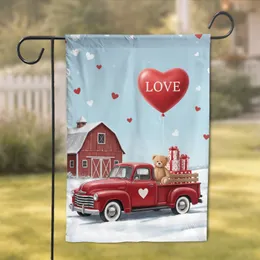 Vintage Red Pickup Truck LOVE Balloon Teddy Bear - Valentine's Day Gift Garden Flag