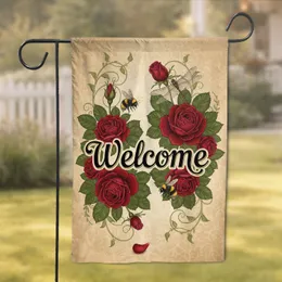 Welcome Script Roses Bumblebee Dragonfly - Home Decor Gift for Hosts Garden Flag