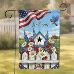 Rustic Birdhouse American Flag Welcome Bluebird - Independence Day Gift for Veterans Garden Flag