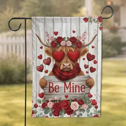 Highland Cow Be Mine Sign Hearts Farmhouse - Valentine's Day Gift for Cow Lovers Garden Flag