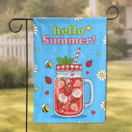 Hello Summer Strawberry Mason Jar Bumblebee Daisy - Summer Home Decor Gift Garden Flag
