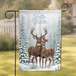 Buck Deer Doe Cardinal Winter Forest Scene - Winter Home Decor Gift for Deer Lover Garden Flag